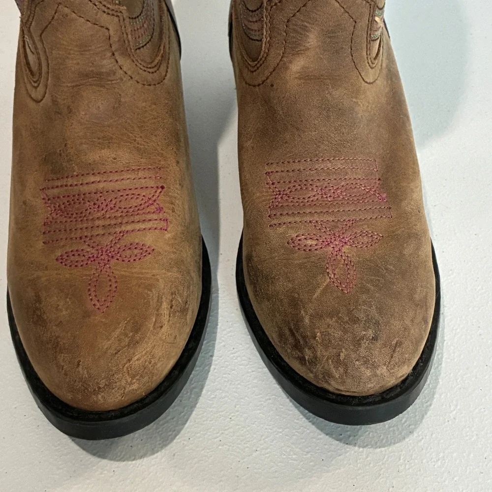 Smoky Mountain Cowboy Boots Girls 2.5 Brown Leather Western Pink Stitch 3531C